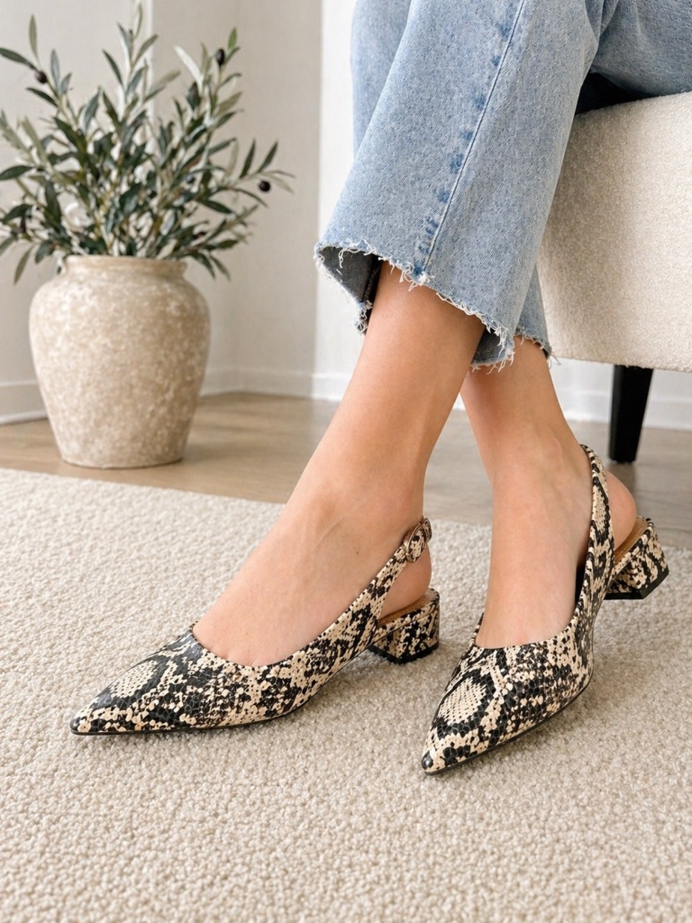 Women’s Beige Snake-Print Leather Heels